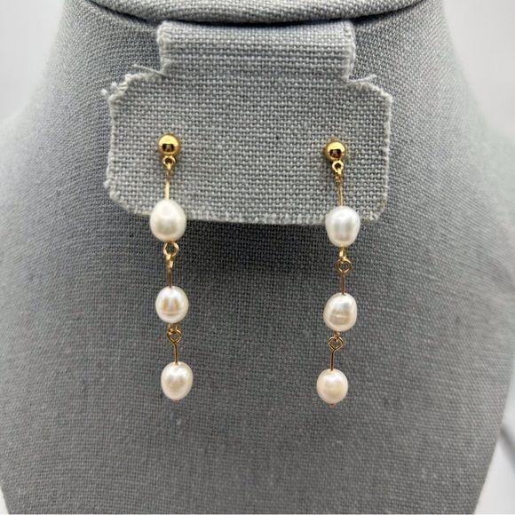 Classic Long Triple White Faux Pearl Stud Dangle Earrings Gold Tone - Picture 2 of 6